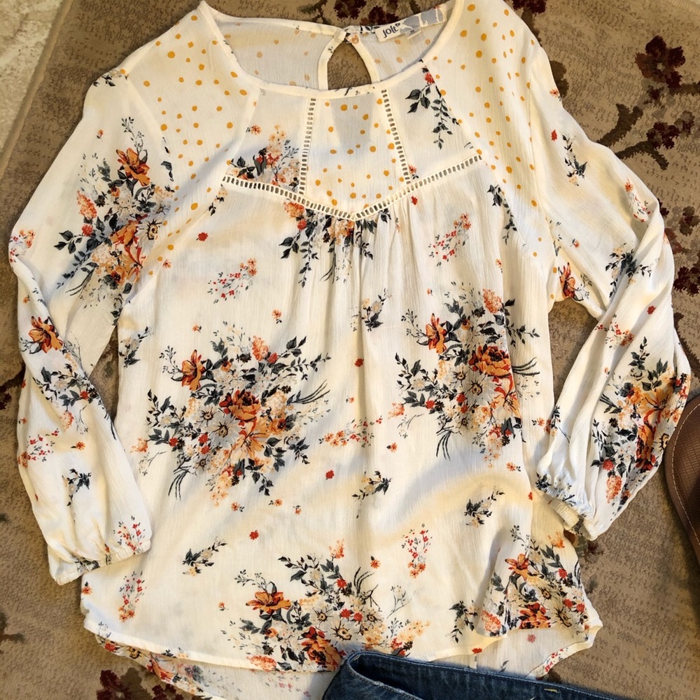 Jolt White Floral BoHo Top M Cottage Shirt Summer